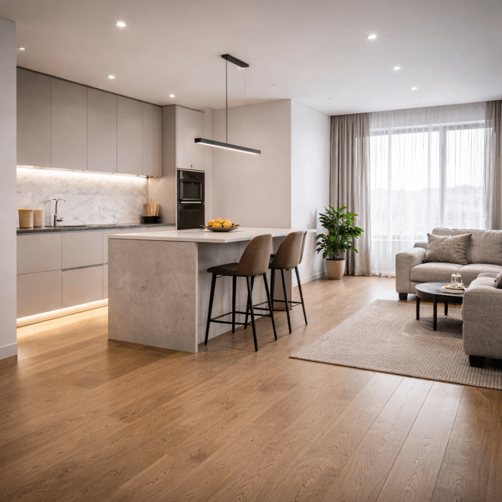 Теневой плинтус в кухне-гостиной — современная геометрия