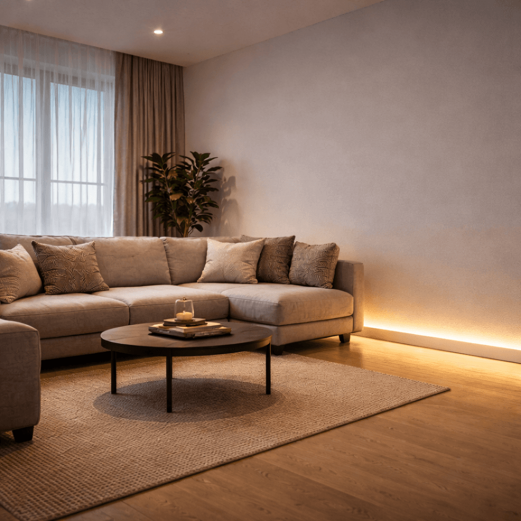 Скрытый плинтус с LED-подсветкой в гостиной